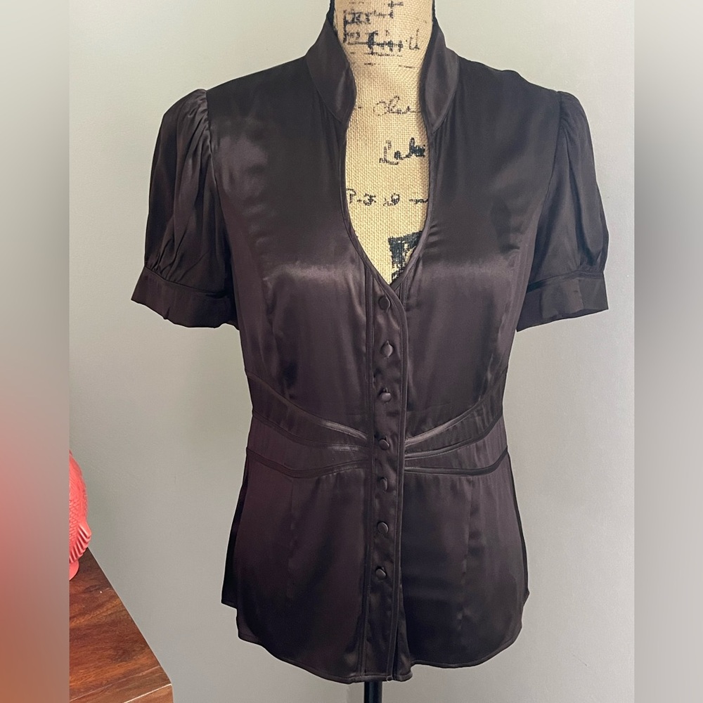 Arden B. Brown Silk Shortsleeved Button-up Blouse